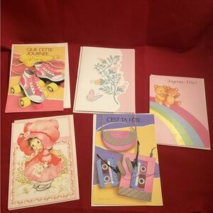 5 vintage birthday greetings cards with french text please read description